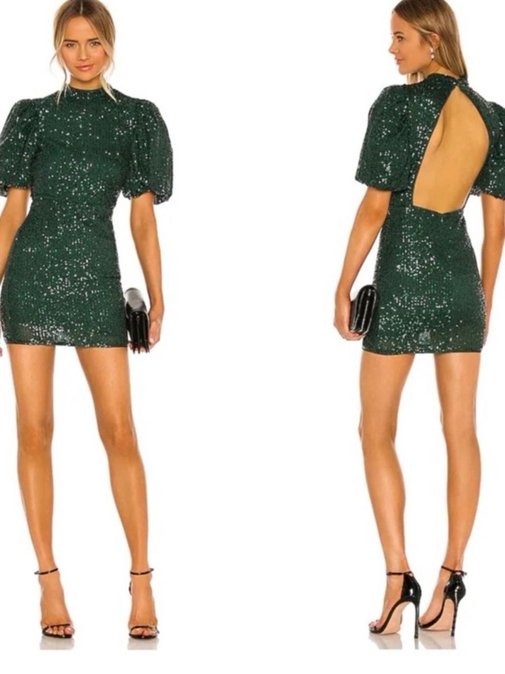 Camila Coelho Cassie Green Sequin Puff-Sleeve Mini Dress